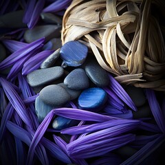 Serene Spa Still Life, Purple Petals, Smooth Stones, and Woven Ball