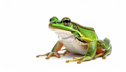 Obraz premium Green Frog Sitting On White Background Macro Shot Showing Eye Detail And Leg Markings