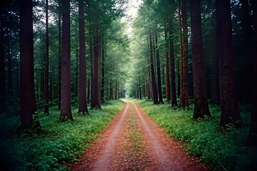 A dirt road winds through a dense forest of tall, straight trees, creating a natural pathway into the serene wilderness and inviting exploration of the green landscape.