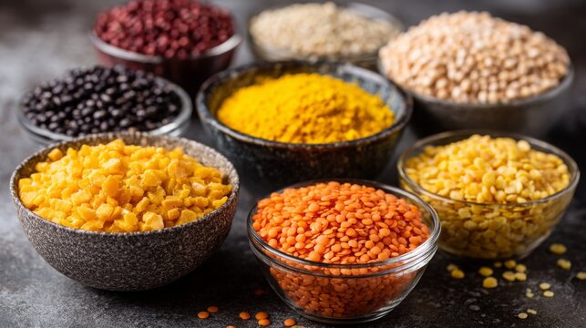 Composition of dry legumes A variety of colorful legumes in bowls Lentils Moth beans Mung Beans Masoor or red lentils Split Chickpeas Toor Dal Raw Split Mung Bean Lentils Yellow Split