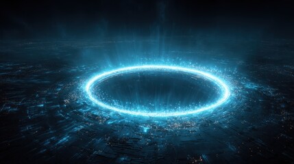 Glowing Blue Portal on Darkened Surface, Futuristic Energy Ring, Abstract Digital Art.
