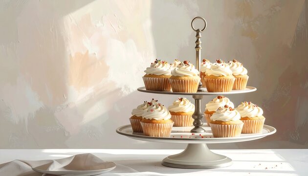 Elegant tiered server displays cupcakes with white frosting & sprinkles - Powered by Adobe