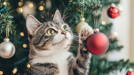 Christmas pet cat with weird angle looking at ornament on decorated tree, festive mood and playful expression