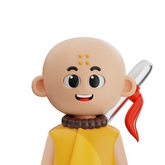 3D Rendering of a Bald Monk Figure with Yellow Robe and Brown Beads on Transparent Background