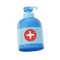 3D Rendering of a Blue Hand Sanitizer Bottle with Red Cross Symbol on Transparent Background