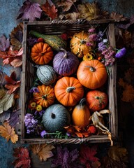 Chiaroscuro Autumn Harvest - A Rustic Crate of Jewel-Toned Pumpkins and Gourds.