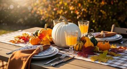 Festive autumn table for Thanksgiving dinner outdoors. Wooden table decorated with pumpkins, corn, wine, fall leaves. autumn forest landscape provides scenic background for holiday celebration