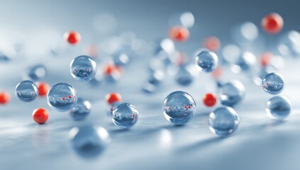 3D render of metallic spheres and small red orbs floating on a soft blue surface