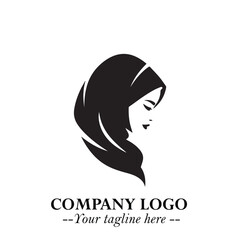 Black and White Woman Hijab Silhouette Close Up Logo in Minimalist Elegant Modern Vector Design