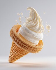 Floating Vanilla Ice Cream Cone with Milk Droplets on a White Background.