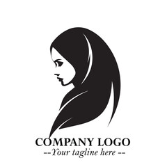 Black and White Woman Hijab Silhouette Close Up Logo in Minimalist Elegant Modern Vector Design