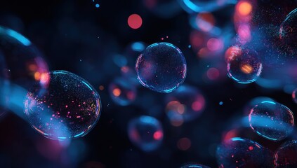 Abstract image of glowing, translucent orbs with vibrant particles against a dark background