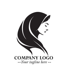 Black and White Woman Hijab Silhouette Close Up Logo in Minimalist Elegant Modern Vector Design
