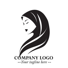 Black and White Woman Hijab Silhouette Close Up Logo in Minimalist Elegant Modern Vector Design