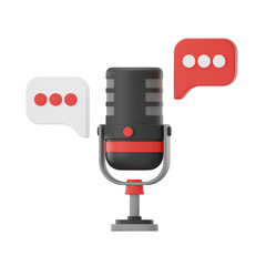 3D Rendering of Vintage Black and Red Microphone with Speech Bubbles on Transparent Background for Podcast and Audio Recording