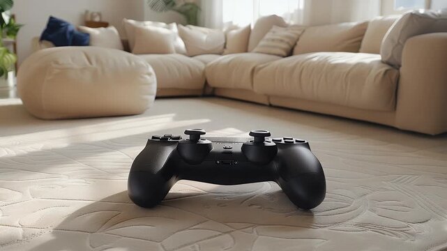 Sleek Black Video Game Controller on Bright Living Room Carpet, Symbolizing Leisure and Immersive Gaming