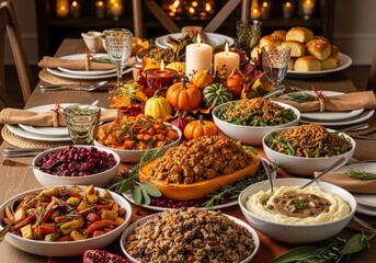 Vegan Thanksgiving dinner feast. Festive table features plant-based dishes like stuffed pumpkin, nut roast, and vegetable pie. Healthy and delicious holiday meal with seasonal decorations and candles.
