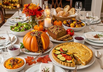 Thanksgiving dinner table set with delicious food for festive meal. Cozy autumn scene with lit candles and pumpkin decorations. Traditional holiday feast ready for family celebration at home.