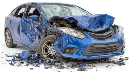 damaged blue car with crumpled front end, showcasing aftermath of collision. wreckage includes scattered debris on white background, emphasizing severity of accident