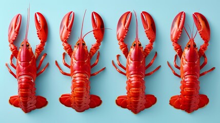 Five striking red lobsters displayed in a row on an eye catching blue background for visual appeal