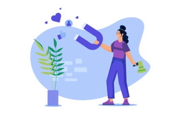 Woman Attracting Followers with a Magnet in Violet and Purple Colors on a Transparent Background with Like Icons