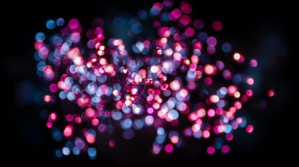 Defocused neon glow. Light flare overlay. Futuristic led illumination. Blur ultraviolet purple magenta pink blue color radiance on dark abstract background.