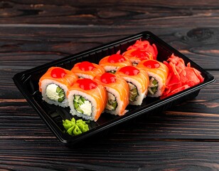 Salmon sushi rolls in takeout container on dark wood