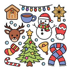 Festive Christmas Doodle Illustration with Traditional Elements Tree Gingerbread House and Snowman on White Background