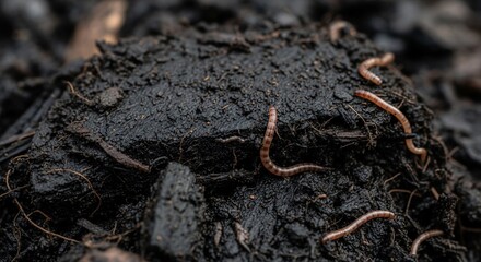 Fototapeta premium Worms crawl across dark, moist soil. Close-up shows nature's decay process
