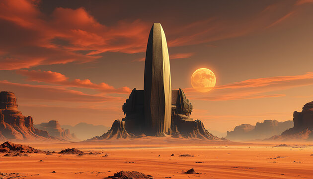 Gigantic alien monolith in the middle of a desert on Mars-like planet, under a twin-sunset sky, highly detailed, surreal sci-fi atmosphere