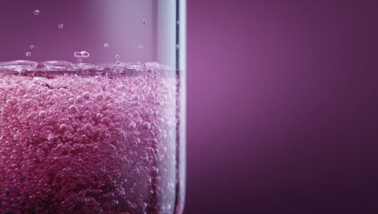 Close-up of a glass with pink sparkling liquid, effervescing, against a gradient purple