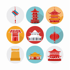 A Vibrant Concept Collection of Flat Vector Icons Illustrating Traditional Asian Culture, Ancient Architecture, and Festive Oriental Symbols for Digital Design