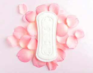 Sanitary pad surrounded by rose petals on pastel pink background