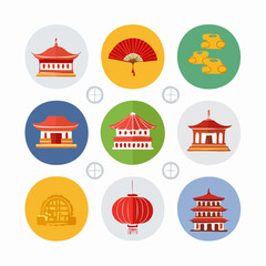 Chinese Culture Icons Pagodas, Lanterns, and Traditional Symbols in a Colorful Vector Design