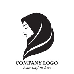 Black and White Woman Hijab Silhouette Close Up Logo in Minimalist Elegant Modern Vector Design
