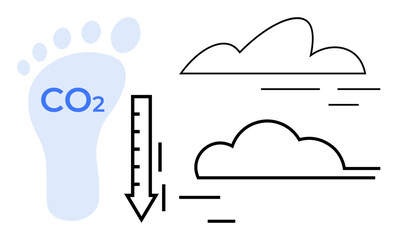 Blue footprint with CO2 label and arrow pointing down beside linear clouds. Ideal for climate action, sustainability, environmental awareness, emissions, carbon neutral goals, clean energy, eco