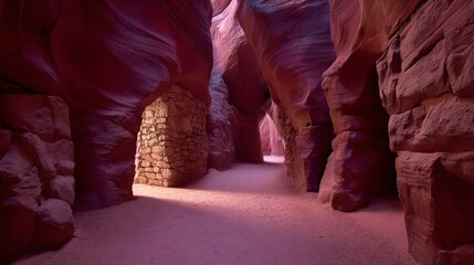 Explore Antelope Canyon in Arizona, USA, with stunning sandstone formations, vibrant red rock walls, smooth curves, and light beams creating an otherworldly landscape.