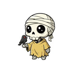 Obraz premium Adorable chibi skeleton with bandaged head and ragged robe, holding a small black crow with glowing red eye in gothic cartoon style.