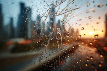 Scratched glass window with raindrops reveals a blurred cityscape at sunset