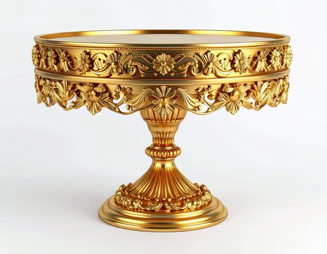 Golden, ornate cake stand. Floral carvings adorn edges