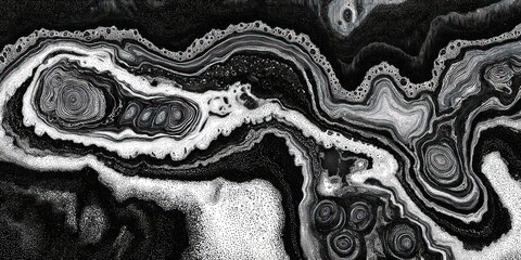 Abstract black and white swirling layered image resembling agate stone or liquid patterns