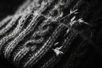 Close-up Macro of Textured Wool Knit Fabric with Delicate Dry Grass Stems in Dramatic Black and White Lighting.