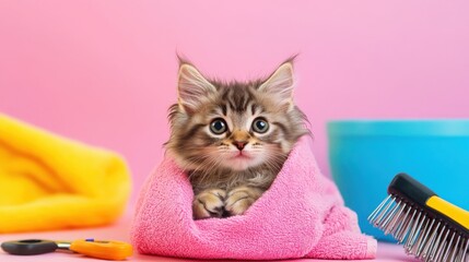 Adorable fluffy kitten wrapped in a pink towel, surrounded by grooming tools like a brush and nail clippers, against a bright pink background