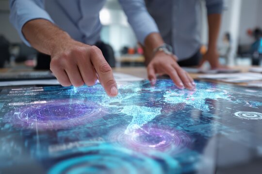 Hands interact with holographic screen showing abstract tech elements in modern office setting - Powered by Adobe