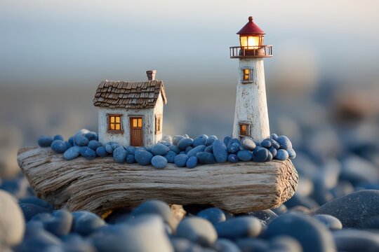 Miniature lighthouse and cottage on driftwood with blue pebbles creating a seaside scene - Powered by Adobe