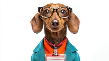 Employee ID card mockup featuring a dapper dachshund in a blazer and glasses