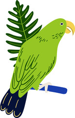 A stylized green parrot with a yellow beak sits on a blue perch