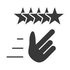 A stylized icon of a hand with motion lines pointing towards five stars