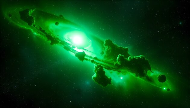 Green galaxy with nebula and stars. Fantastic galaxy with green nebula clouds, bright glow, and numerous stars in deep space.