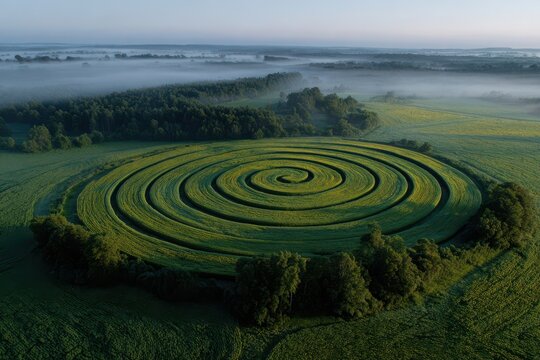 Intricate circular crop irrigation system creates vibrant patterns in morning fog